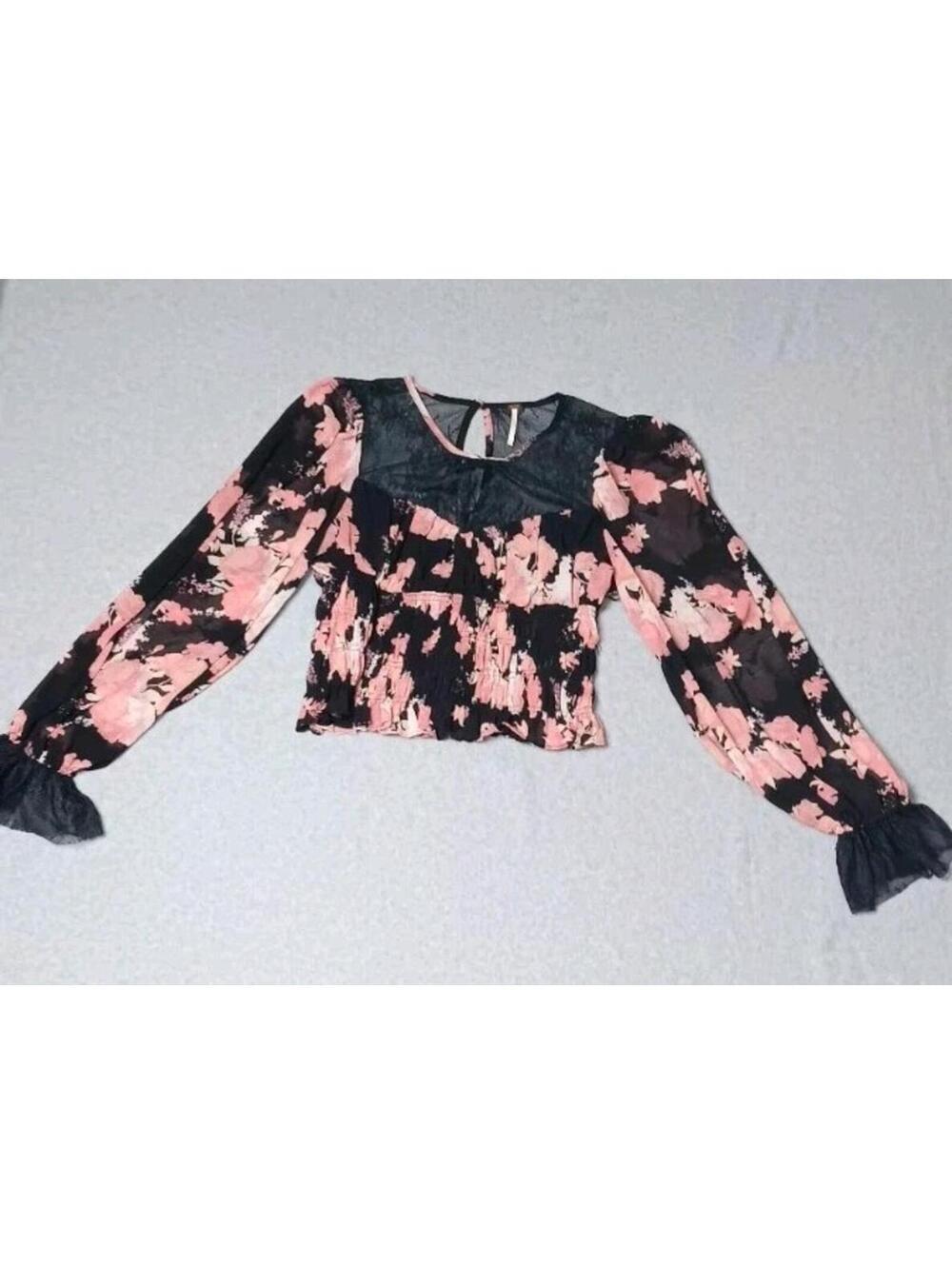 Free People Cropped Lace Long Sleeve Blouse Womens Size Large Black And Pink...
